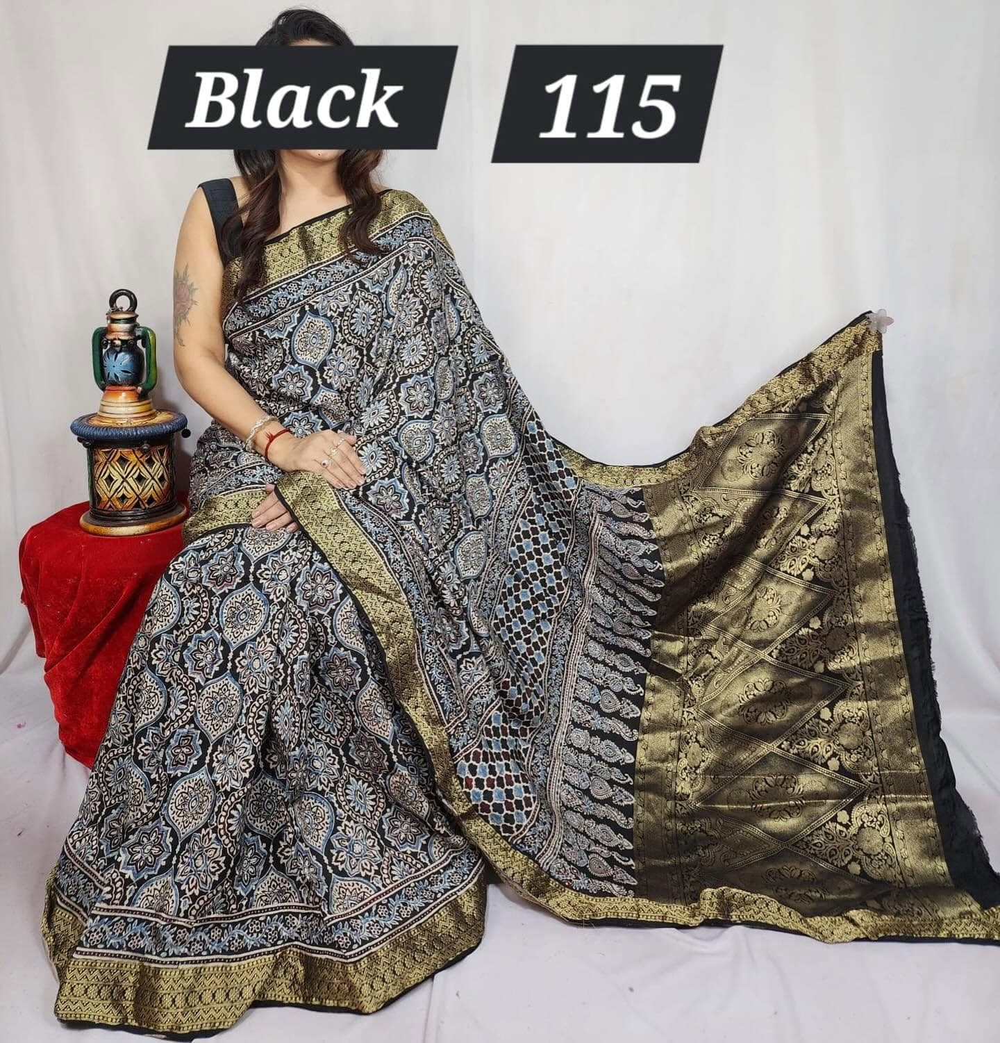 Block-Printed Silk Saree — Black