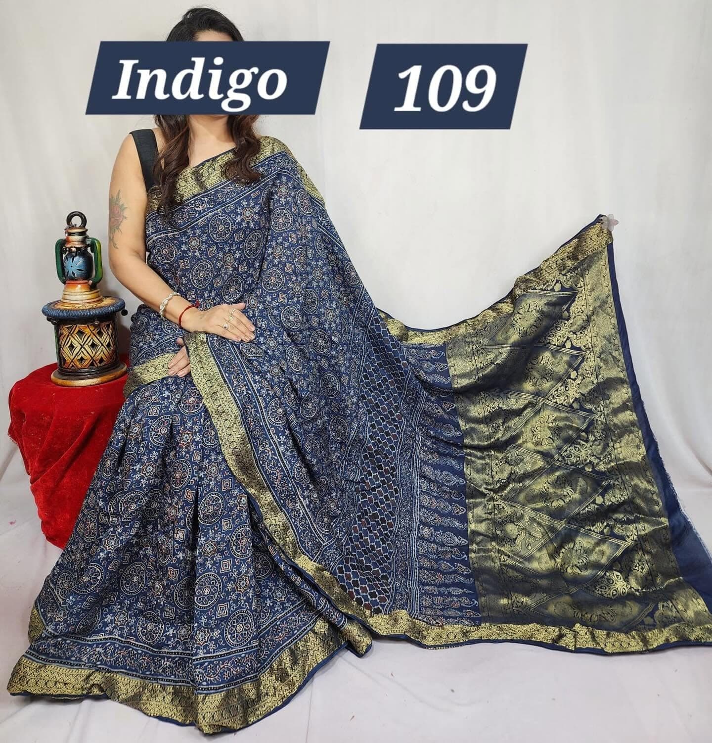 Block-Printed Silk Saree — Indigo